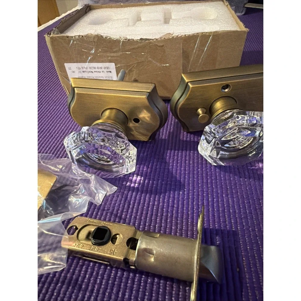 Crystal Glass Door Knob Lock Privacy Brass for Bathroom Bedroom Closet Satin